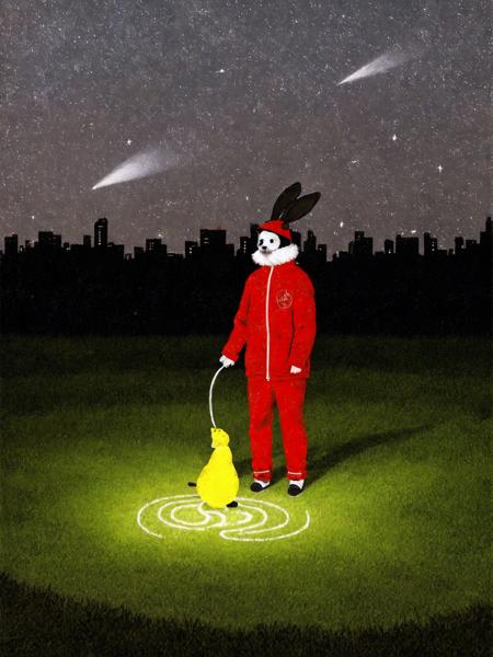 SerenityStyle, solo, 1boy, standing, jacket, full body, male focus, outdoors, sky, pants, night, glowing, animal, black pants, building, night sky, red jacket, 1other, rabbit , <lora:SerenityStyle:0.7>