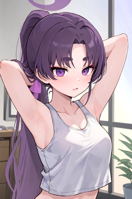 <lora:Yukari-20:1>
1girl, yukari, halo, hair ornament,
ponytail, tank top, armpits, arms behind head, indoors,