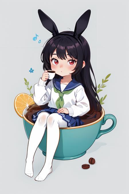 (chibi:1.2),in container,1girl,solo,pantyhose,long hair,white pantyhose,red eyes,skirt,school uniform,black hair,no shoes,animal ears,blue skirt,simple background,serafuku,bangs,white sailor collar,rabbit ears,sailor collar,long sleeves,blue serafuku,fake animal ears,blue shirt,shirt,neckerchief,green neckerchief,full body,sitting,(cup:1.1),in cup,coffee,looking at viewer,<lora:in_containerV0.3-000004:0.8>,<lora:GoodHands-beta2:1>,