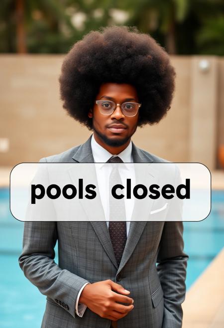 text bubble:"pools closed" warns a nicely dressed man in a gray suit with a large afro
