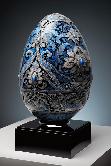 a Fabergé-style egg sculpture displayed in a glass museum case, its surface intricately decorated with traditional Indonesian (batik patterns:1.7) including (parang:1.4) and (isen-isen motifs:1.5), black and silver filigree framing the design, soft museum lighting reflecting off polished enamel and gemstones, elegant velvet pedestal, cultural fusion, high detail, 4k, ornate craftsmanship, fantasy realism

