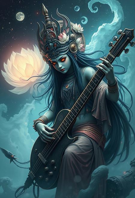 "Lotus Saraswati , octocore, fusepunk, petrol colored, tuba, illusion,  limitless, pale, chaotic, ultra detailed, cinematic  "

