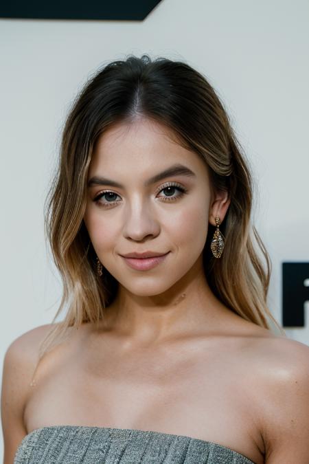 Realistic photo of a beautiful sydn3ys-v1 woman,  1girl, solo, long hair, looking at viewer, smile, blue eyes, blonde hair, simple background, bare shoulders, upper body, lips, strapless, realistic, tube top, soft lighting, professional Photography, Photorealistic, detailed, RAW, analog, sharp focus, 8k, HD, DSLR, high quality, Fujifilm XT3, film grain, award winning, masterpiece<lora:sydn3ys-v1:1.0>
