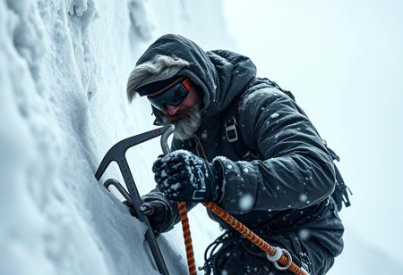 Masterpiece, best quality, high quality, newest, highres, 8K, HDR, absurdres, cinematic lighting, dramatic shadows, extreme weather, frozen landscape, harsh environment, survival theme. a lone climber battles against a brutal snowstorm, ascending a sheer, ice covered escarpment. The wind howls, whipping freezing air against his frostbitten face, his breath coming in sharp, visible exhales. Ice and snow cling to his thick, insulated jacket, the fabric stiff from the relentless cold. His gloves, reinforced for extreme conditions, grip an ice axe, its steel blade buried deep into the frozen wall, while crampons dig into the brittle surface, each movement a calculated fight against gravity. the world around him is a white abyss, the raging blizzard reducing visibility to mere meters. Snow and ice blast his goggles, forcing him to wipe them constantly to keep sight of the nearly invisible route ahead. His harness is secured with carabiners, a lifeline that sways violently in the storm. A second axe dangles from his belt, alongside essential climbing gear, each item vital for survival in this frozen hell. the peak is obscured by swirling snow, an unforgiving summit that demands everything from those who dare challenge it. His muscles ache, his fingers numb, but stopping means death. Gritting his teeth, he drives his axe into the ice once more, pushing through exhaustion and fear. There is no way down only forward.