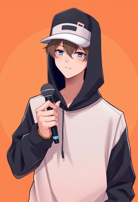 anime male 25 years old, minimalistic art style, wearing snapback and black hood, full body height, holding mic, orange background