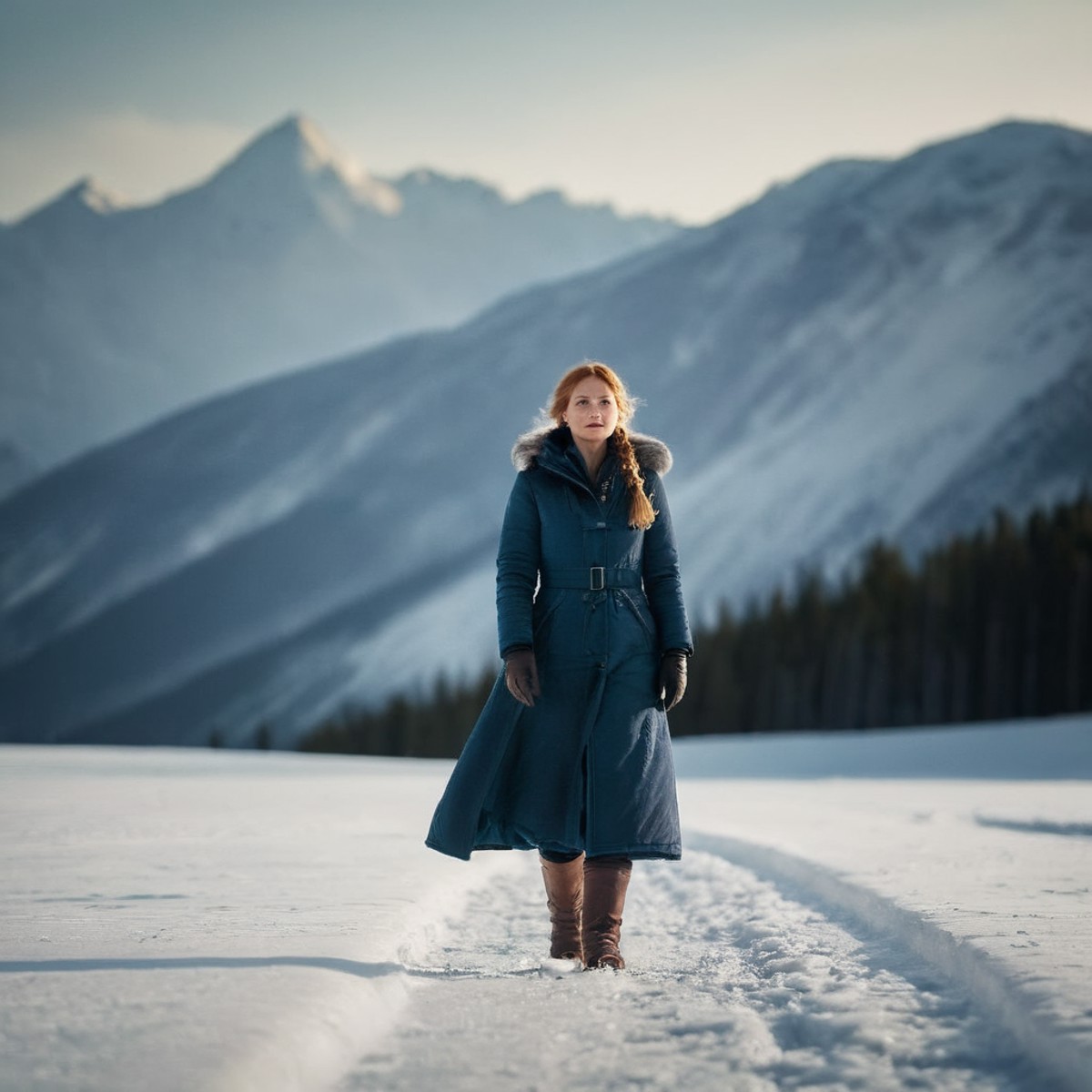 cinematic film still of  <lora:Cinematic Hollywood Film:1.5>
Epic Creative Scene a frozen woman is standing in the snow in...