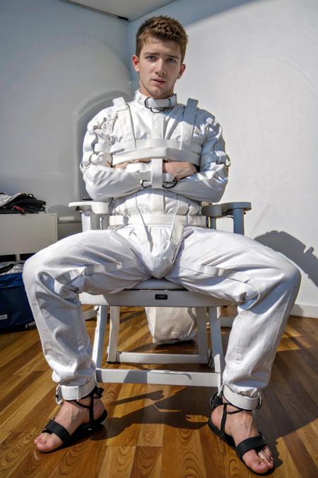 in a plain white room, (sitting in wheelchair), (strapped to wheelchair), muscular (SebastianKross), (straitjacket), pants, barefoot, ankle restraints, surprised expression, eyes wide open, highly detailed, sharp focus, high skin detail, photorealistic, masterpiece, (((full body portrait))), (full body), wide angle, (high face detail), (even lighting),   <lora:SebastianKross:0.7>   <lora:StraitjacketReal_v7S:0.7>