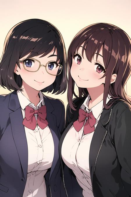 ((masterpiece)), (best quality), (detailed), (2 girls),library
AND ((masterpiece)), (best quality), (detailed), (2 girls),<lora:sno-12:0.35>,bow, bowtie,black jacket,black short hair,school uniform,glasses,smile
AND ((masterpiece)), (best quality), (detailed), (2 girls),<lora:sno-12:0.35>,bow, bowtie,black jacket,black long hair,school uniform,smile