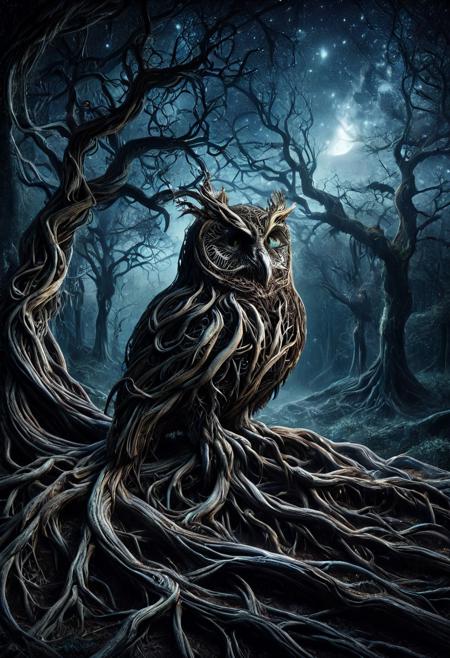 A wise old owl rests on a gnarled branch, its feathers interwoven with delicate, sprawling roots that lend it an ancient, mystical aura. The owl’s piercing eyes glow with an otherworldly light, and the roots seem to hum with the wisdom of the forest. Moonlight spills across the scene, highlighting the intricate details of the roots against the night sky. Morph-treeroots.