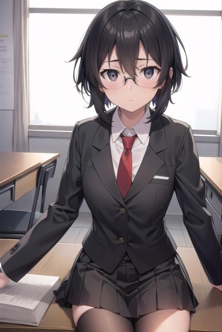 shinoasada, <lora:shinoasada-lora-nochekaiser:1>, 
shino asada, (black eyes:1.5), black hair, hair between eyes, hair ribbon, short hair, sidelocks, glasses, (small breast:1.2),
BREAK blazer, black jacket, black skirt, jacket, necktie, pleated skirt, red necktie, ribbon, school uniform, skirt, tress ribbon,
BREAK looking at viewer,
BREAK indoors, classroom,
BREAK <lyco:GoodHands-beta2:1>, (masterpiece:1.2), best quality, high resolution, unity 8k wallpaper, (illustration:0.8), (beautiful detailed eyes:1.6), extremely detailed face, perfect lighting, extremely detailed CG, (perfect hands, perfect anatomy),