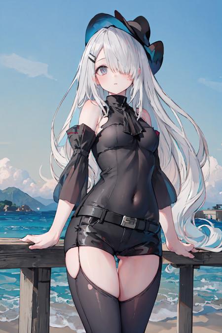 masterpiece,best quality,ultra-detailed,very detailed illustrations,extremely detailed,intricate details,highres,super complex details,extremely detailed 8k cg wallpaper,  1girl, solo,standing,  outdoors, blue sky,<lora:Noir_v1:1:chart>, noir-noworld, <lora:skadiV1:0.85:clothes> ,  hair ornament, hair over one eye, large hat , bare shoulders,  detached sleeves,  thighhighs,  belts, flat chest,