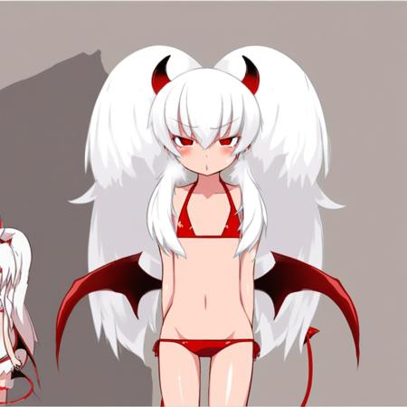 flat chest, dark red eyes, thick twintails,white hair, long hair demon horns,dark red horns,demon tail, demon wings, red tail, black school uniform,long sleeves,very short skirt,red footwear, black thighhighs,