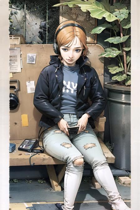 1girl, solo, pants, jacket, plant, white footwear, blue eyes, black jacket, leaf, headphones, headset, shirt, grey shirt, long sleeves, holding, torn pants, boots, torn clothes, looking at viewer, orange hair, jeans, halftone, open jacket, denim, black pants