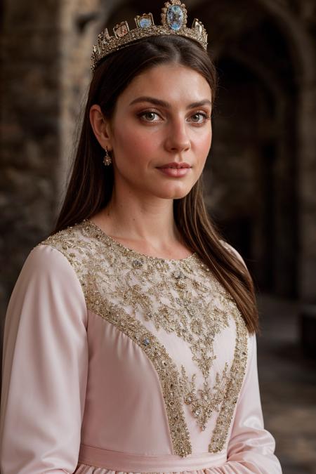 headshot, medieval era, princess dress, crown, castle, soft colors, bokeh, masterpiece, high quality, (high detailed skin:1.1)
 <lora:carla_humphrey_lora_v01:1> 8carla