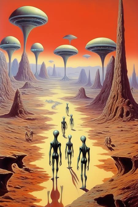 <lora:Angus McKie Style:1>Angus McKie Style - alien creatures walking through a strange landscape, bizarre,