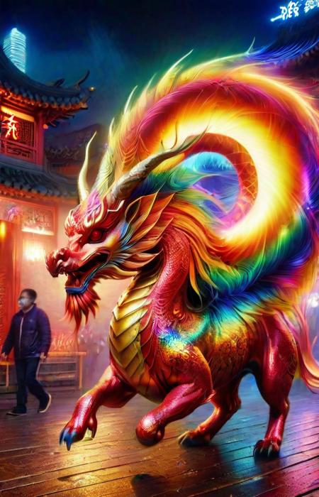 A vivid and ((ral-oilspill Qilin), midnight, in a chinese red lantern festival street with people walking around), magnificent horns, vibrant feathers, majestic and legendary, captures attention with its vibrant hues, colorful high contrast, from china, festival of rich colors, hong kong, epic colors, formidable, rain, eyes lit, standing in the dark, anamorphic lens flares 4k, best of behance, holy flame crown spell, creative commons attribution, wallpaperflare, steven jung, trending on mentalray, hyper realstic, featured on pexels, big horn, highly beautiful, casting a magic spell, color overlay, ð, pr0f3ss10n4l <lora:ral-oilspill:1> <lora:QilinSDXL:1.125> <lora:sdxl_LCM_lora_rank1:1.15>