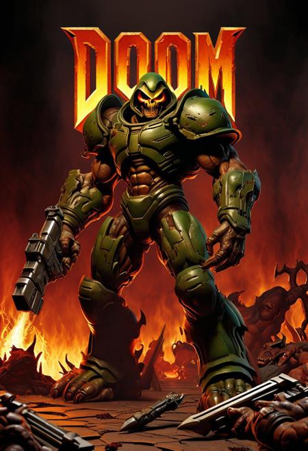 Original poster art design of DOOM 2 (1994 retro game from id software) but with a 3D diorama model effect, extreme high detail, pin sharp resolution, realistic rendering of shadows and reflections, strong contrast, depth of field, maximum use of character art, 8k appearance, masterpiece.