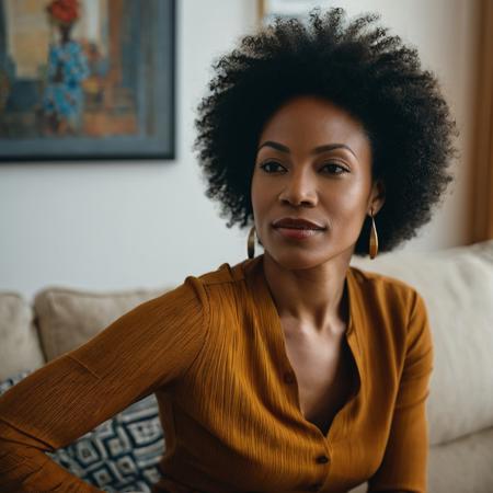 A portrait photo of a beautiful young 40yr African American mother'  at living room  by Tom Munro, {{highly detailed }} {{taken with Canon EOS R10}} {{shot by Canon EOS R10}}