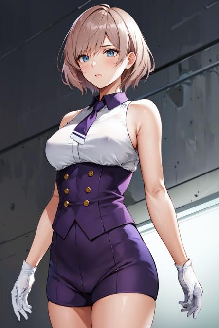 masterpiece, best quality, highres, mujina, solo, white gloves, necktie, purple shorts, short necktie, corset, purple necktie, light brown hair, short shorts, sleeveless, bangs, <lora:mujina_v2:0.7>, cowboy shot,