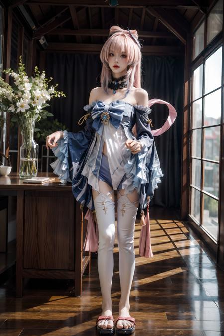 <lora:Sangonomiya_Kokomi:0.75>, 24mm 35mm 50mm 85mm 135mm, cowboy shot, sangonomiya_kokomi,(((sweet girl))), bow-shaped hair, pink long hair, blue shirt, bare shoulders, wide sleeves,looking at viewer, detached sleeves,frilled sleeves, bow ornament (clothes), white thighhighs, sandals, (standing), blunt bangs, full body,  <lora:add_detail:1>,