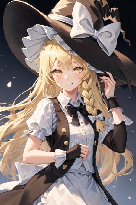 best quality, masterpiece, highres, solo, {kirisame_marisa_touhou:1.15}, blonde_hair, long_hair, hat, witch_hat, bow, yellow_eyes, braid, single_braid, hat_bow, smile, hair_bow, white_bow, bangs, black_headwear, upper_body, 1girl, looking_at_viewer, puffy_sleeves, short_sleeves, ribbon, side_braid, vest, shirt