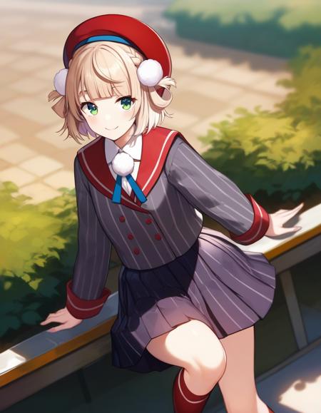 score_9,score_8_up,score_7_up,score_6_up BREAK official art,solo,outdoors,cowboy shot,looking at viewer,facing viewer,smile,shigure ui (vtuber),beret,red headwear,light brown hair,short hair,hair rings,pom pom hair ornament,side braid,french braid,blunt bangs,green eyes,school uniform,grey jacket,vertical-striped jacket,red sailor collar,neck ribbon,pom pom (clothes),collared shirt,white shirt,long sleeves,red wrist cuffs,double-breasted,grey skirt,pleated skirt,vertical-striped skirt,red socks,loafers,<lora:Shigure Ui(vtuber)-Pony:1.3>,<lora:Smooth Anime Style LoRA XL:0.8>,