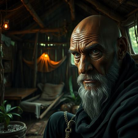 (masterpiece sci-fi dark gritty hyperrealisitic concept art 8k) cozy interior of a hut in a indigenous forest town, old man  leader menacingly close up,  atmospheric rain, godlike lighting, dappled light forest
