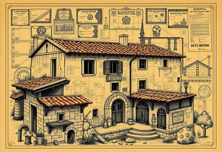 A 1920s architectural blueprint with a chaotic twist, sketched over a crumbling, Italian-style shanty with worn terracotta roofs and rustic stone walls. Intertwined with the blueprint are intricate designs of junk bonds, old stock certificates, and financial symbols, hinting at a time of economic collapse. Super Mario Bros elements sneak through the scene—iconic pipes, brick blocks, and pixelated mushrooms blend into the shanty’s Italian countryside charm. The scene is washed in warm sepia and olive tones, evoking a vintage Mediterranean feel, while playful Super Mario references bring a whimsical contrast to the classic Italian aesthetic