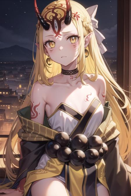 ibaraki douji, blonde hair, facial mark, fang, forehead, horns, long hair, oni, oni horns, pointy ears, (yellow eyes:1.5), earrings, japanese clothes, jewelry, kimono, leg tattoo, neck tattoo, oni, oni horns, shoulder tattoo, tattoo, yellow kimono,