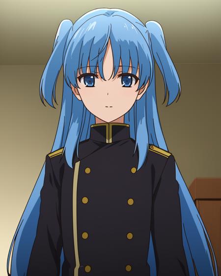 ((masterpiece)), (( best quality)), 11girl, solo, blue hair, two side up, blue eyes, long hair, upper body, uniform, buttons, looking at viewer, bangs, military, <lora:ChthollyV2-000015:0.7>, indoors,