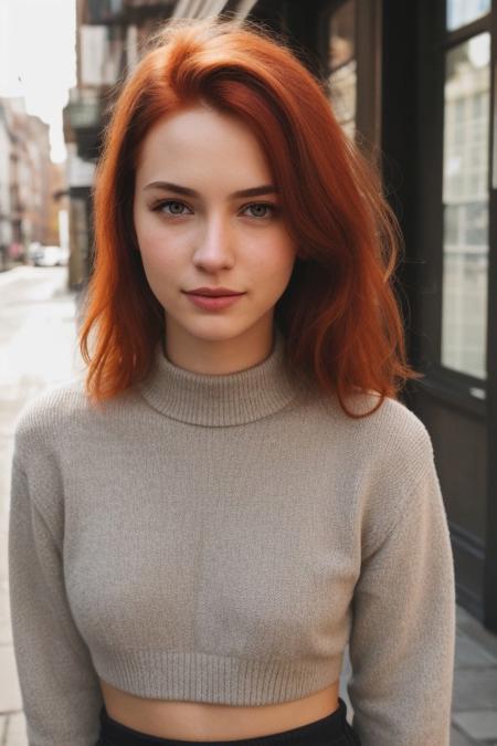 raw photo,close up, (18yo redhead girl:1.2), cheek dimples, blushing, graphic eyeliner, rouge, (lipstick:0.6), (choker:0.9), realistic skin texture, (red:0.8), softcore, warm lighting, cosy atmosphere, instagram style, nsfw , naive, shy, short, thin, fit, beautiful, cute, outdoors, navel, midriff, abdomen, low-rise