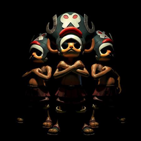 score_9, score_8_up, score_7_up, Tony Tony Chopper from One Piece, reimagined in the iconic 'Queen II' album cover pose, standing in a diamond formation with three other Chopper clones, each representing different transformations: Brain Point, Guard Point, and Arm Point. All characters are set against a deep black background, illuminated by dramatic chiaroscuro lighting inspired by Marlene Dietrich's 1932 Shanghai Express photo. The central Chopper crosses his arms over his chest, exuding a regal and mysterious aura, with subtle glimmers highlighting the contours of their forms, capturing the glam rock essence of the original 'Queen II' cover.