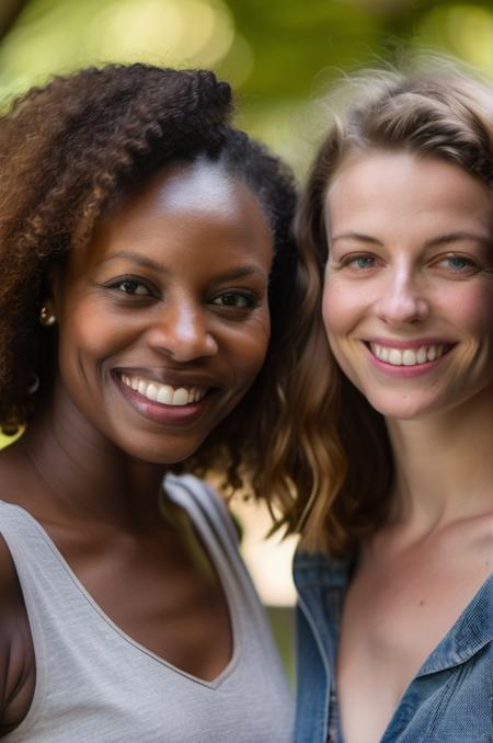 In an endearing close-up photograph, two close young european and african woman, with radiant smiles and sparkling eyes, stand cheek to cheek, looking directly at the viewer. The genuine bond between them is evident in their warm expressions. The background, beautifully blurred through a high depth of field, accentuates the focus on their heartfelt connection. Captured in a Photographic style with a 50mm prime lens, ensuring exquisite facial details and a natural perspective that brings out the authenticity of their friendship.