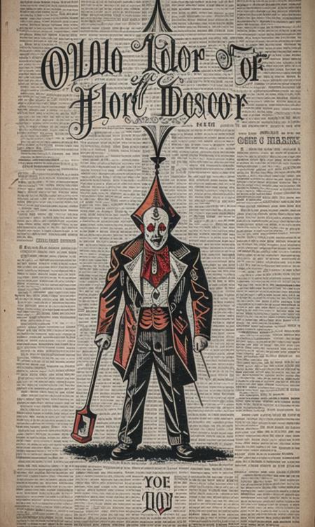 circus of death, horror theme, (Old paper style:1.6), creepy clown,(hammer with blood:1.2), dead person