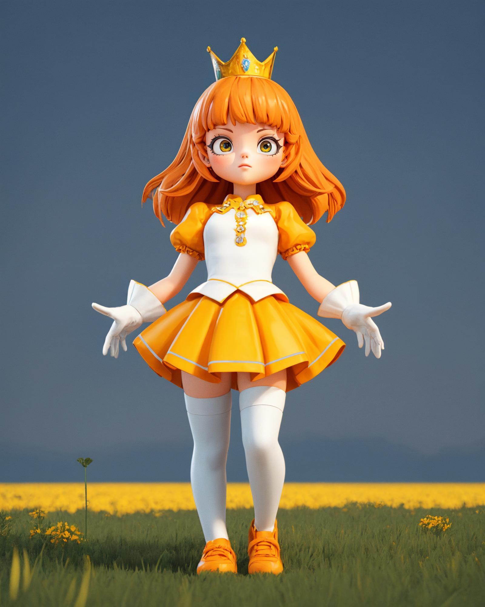 A doll wearing a yellow dress and white gloves, standing in a field of flowers.