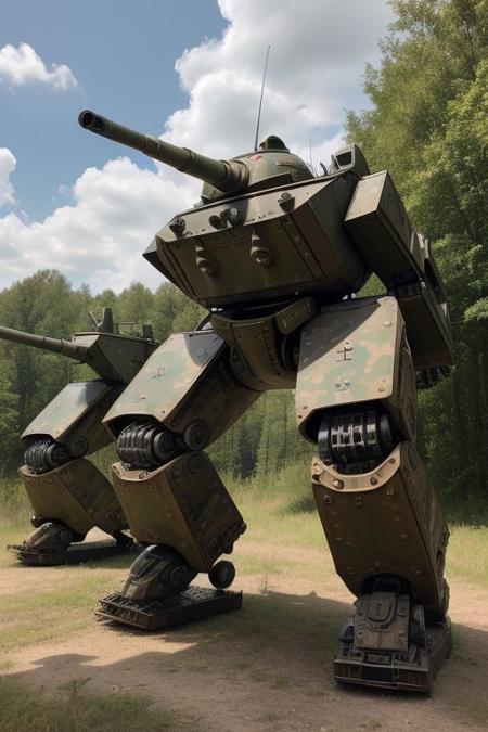 best quality,masterpiece,highly detailed,ultra-detailed, 
 world war 2, german army, day,forest, blue sky road,realistic, real real world location, franch country side
<lora:tankhead:1> tankhead,  mecha, military vehicle, no humans,robot, science fiction, cannon ,steampunk
   <lora:taskforce_v02:0.25> camouflage,