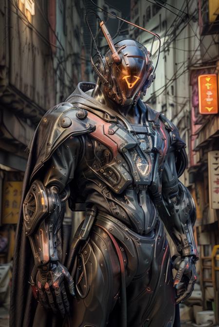 (night time:1.3), (Hongkong neon lighting:1.5), dark theme, dark clouds, thunder and lightning, realistic, complex 3d render ultra detailed, mecha, cyborg, best quality, masterpiece, ultra high res, cowboy shot, (photorealistic:1.4), raw photo, official art, absurdres, vague, Atmospheric, evil, tank, dynamic angle,upper body. ((Armed with both hands)), red glowing, cyberhelmet, tech lights on the body, Majestic pose, mechanical arms, science fiction, no humans, cyberpunk feeling, (Wearing a tattered cloak), (floting in sky :1.3),  smoke of gunpowder, war, neon lights, RAW photo, 8k uhd, dslr, daylight, high quality, film grain, Fujifilm XT3    <lora:cyberhelmetv0.7:0.8> <lora:Niji:0.8>