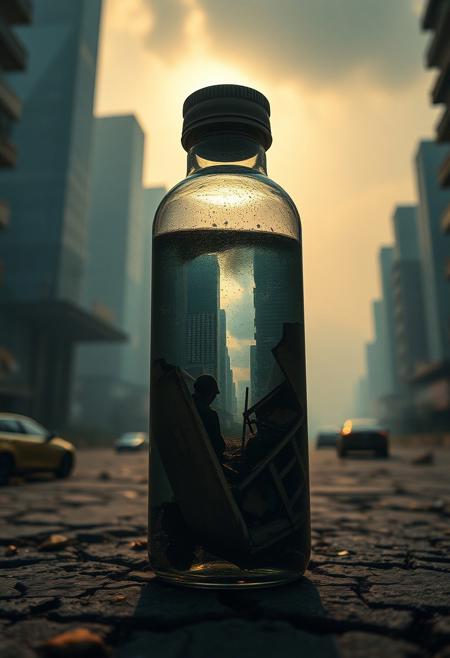 inside a bottle there is a  desolate metropolis, where skyscrapers once kissed the heavens, now stood a crumbling relicathe Forgotten City. Its streets, once bustling with life, now lay silent, choked by weeds and memories. The sun rarely dared to peek through the thick canopy of smog, casting long shadows on cracked pavement., Cinematic photography, movie mood, cinematic light, compelling composition, storytelling elements, conveys emotion, mood, and narrative depth, creating visually striking images that feel like still frames from a film, Wide angle, chaotic cabin in background. vibrant, photorealistic, realistic, dramatic, dark, sharp focus, 8k.