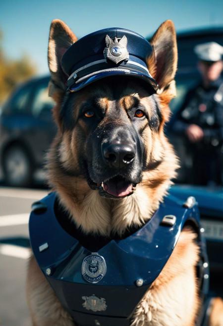 portrait, surrealistic, (bokeh:1.1), dof, awe-inspiring, majestic, overwhelming, humanoid German Shepherd dog wearing (navy-blue police-military:1.1) metal sci-fi bulky (mecha armour:1.3) and sunglasses with (navy-blue police-beret:1.05) is standing next to the car and asking a citizen in the car to show his license and registration. Harsh shadows, (sun rays:1.1),