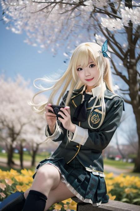 ultra-detailed,highly detailed,best quality,masterpiece,illustration,
kashiwazaki Sena, 1girl, solo,cosplay,st. chronica academy school uniform,
looking at viewer, light smile, 
photo background, nature, flower field, cherry blossoms, wind,petals, falling petals, 
 <lora:kashiwazaki Sena_v1_06:1.0>