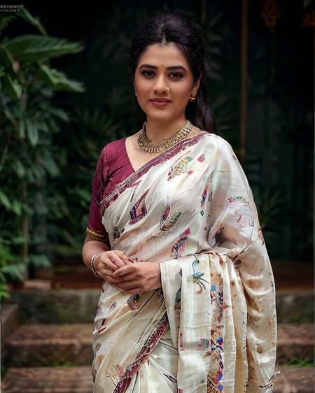 ultra-realistic hires photo of a (giri woman), looking looking at viewer, elegant high neck dress Bomkai Saree (Odisha traditional saree), fashion shoot, macro shot camera angle  <lora:giri_Girija_Oak_SD15_LoRA_prodigy:1>