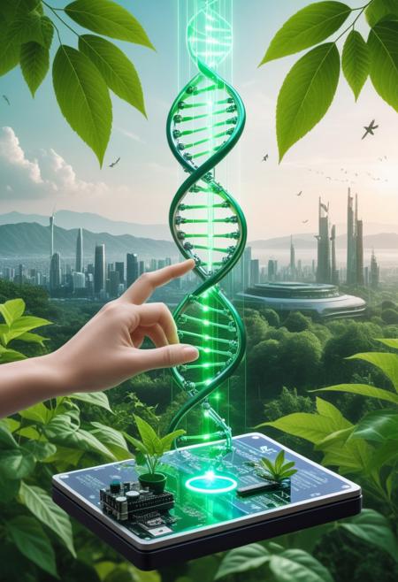 A symbolic representation of bioethics, 
featuring a balance between nature and technology. On one side, 
a human hand holds a DNA strand surrounded by green leaves and plants, 
symbolizing life, 
growth, 
and nature. On the other side, 
a robotic hand holds a circuit board with glowing lines, 
representing technology, 
artificial intelligence, 
and scientific advancement. Between the hands, 
a scale balances the ethical dilemmas of science and nature. In the background, 
a peaceful landscape merges with futuristic cityscape, 
illustrating the harmony and conflict between these two realms, 
incorporate animals, 
Broken Glass effect, 
no background, 
stunning, 
something that even doesn't exist, 
mythical being, 
energy, 
molecular, 
textures, 
iridescent and luminescent scales, 
breathtaking beauty, 
pure perfection, 
divine presence, 
unforgettable, 
impressive, 
breathtaking beauty, 
Volumetric light, 
auras, 
rays, 
vivid colors reflects