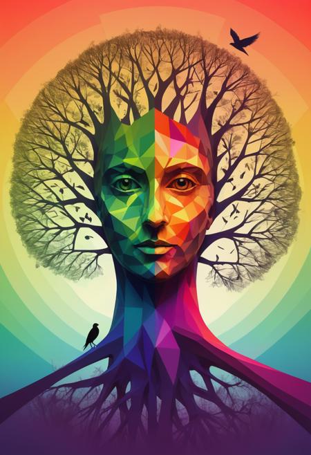 Abstract digital illustration of a tree face, formed from geometric shapes and vivid colors, with two birds silhouetted against a gradient background