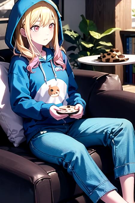 couch, lying, cookie, plate, monster, sesame street, light blue hoodie, hoodie, realistic, <lora:TenmaSaki-03:0.75>,10ma_s, 1girl, solo, long hair, blonde hair,  shirt, red eyes, long sleeves, sitting, closed mouth, pink hair, pants, pink eyes, plaid, blue shirt,  pajamas