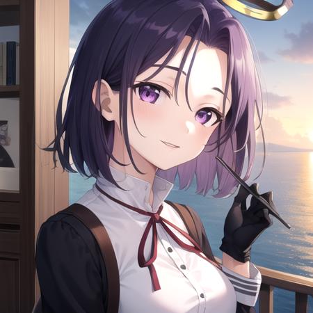 ((masterpiece)),(best quality),official art,extremely detailed CG,unity 8k wallpaper,ultra detailed,A lighthouse on a cliff by the sea,1girl,solo,upper body,(portrait:1.2),mechanical_halo,purple_hair,short_hair,purple_eyes,smile,school_uniform,dress,black_gloves,shoes,medium_breasts,<lora:Tatsuta(kan)>,