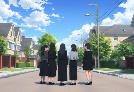 anime style, suburbs, on the street, beautiful houses, during the day, view from far, a group of 7 faceless 30 years old women standing whispering each other in a corner at the distance looking at the viewer