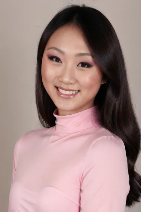 Portrait photo of ev3lynl1n, pink turtleneck blouse, makeup, smiling