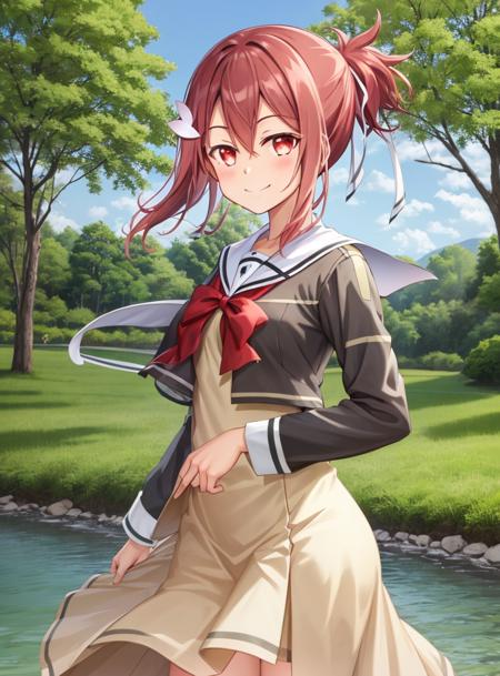 nature, river, forest,bloom,
<lora:Yuuki_Yuna-10:1>,Yuuki_Yuna, 1girl, solo, smile,hair ornament,red eyes, thighhighs, long sleeves,school uniform,dress,bow,red ribbon, hair between eyes,White hair ribbon,red hair, black thighhighs, clothes lift, side ponytail,smile,((upper body)),