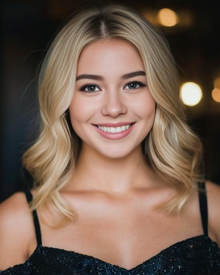 instagram photo, front shot, closeup portrait photo of 24 y.o woman, wearing dress, beautiful face, smile, blonde, cinematic shot, dark shot