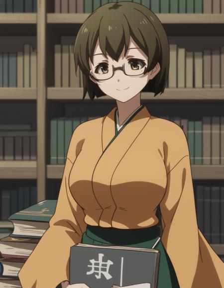 hiryuu, short hair, brown hair, brown eyes, hiryuu (kancolle), large breasts, skirt, japanese clothes, green skirt, long sleeves,